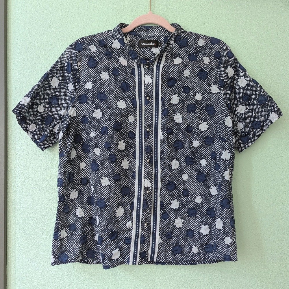 Vintage‎ 90s Tomato Navy Blue Polka Dot Floral Button Up Made in Australia Sheer